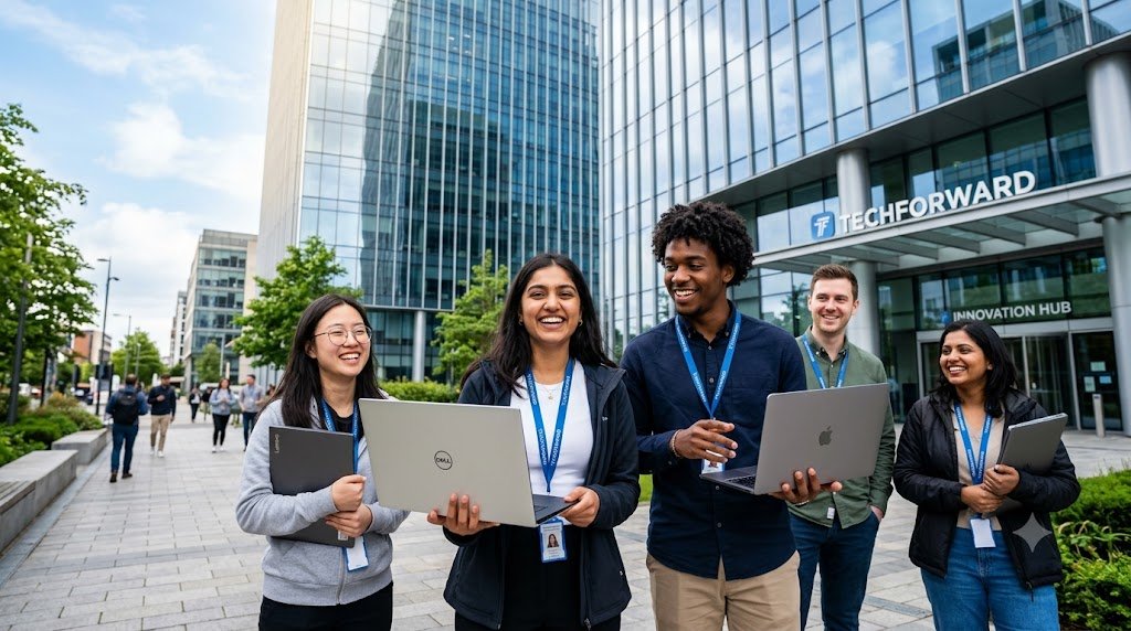 Our team, smiling together outside the office